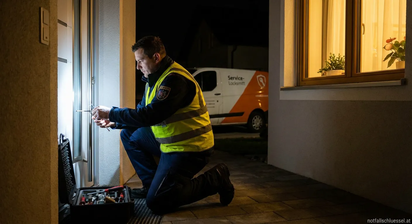 Techniker vom 24 Stunden Schlüsseldienst öffnet eine Haustür