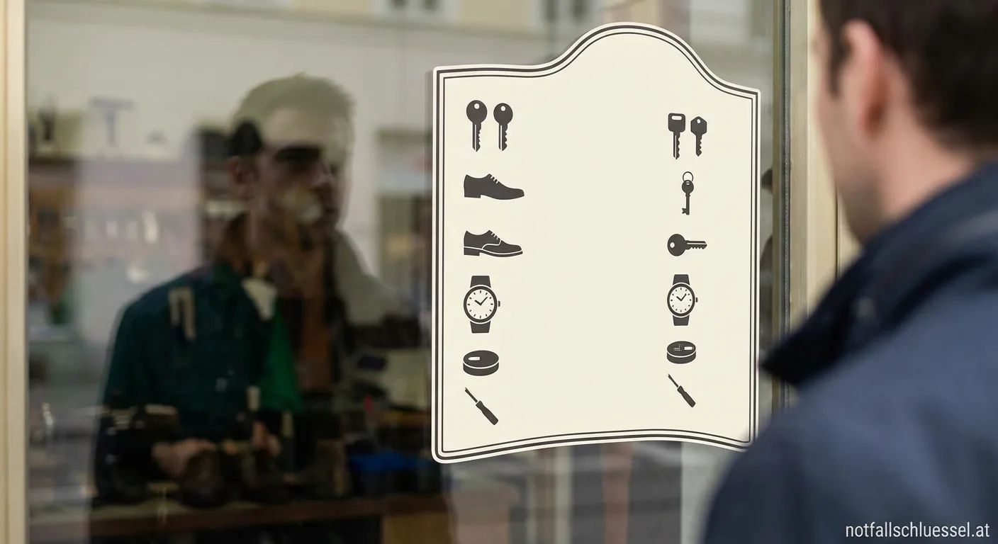 Mister Minit Filiale mit Schlüsselrohlingen und Schuhreparaturwerkzeug