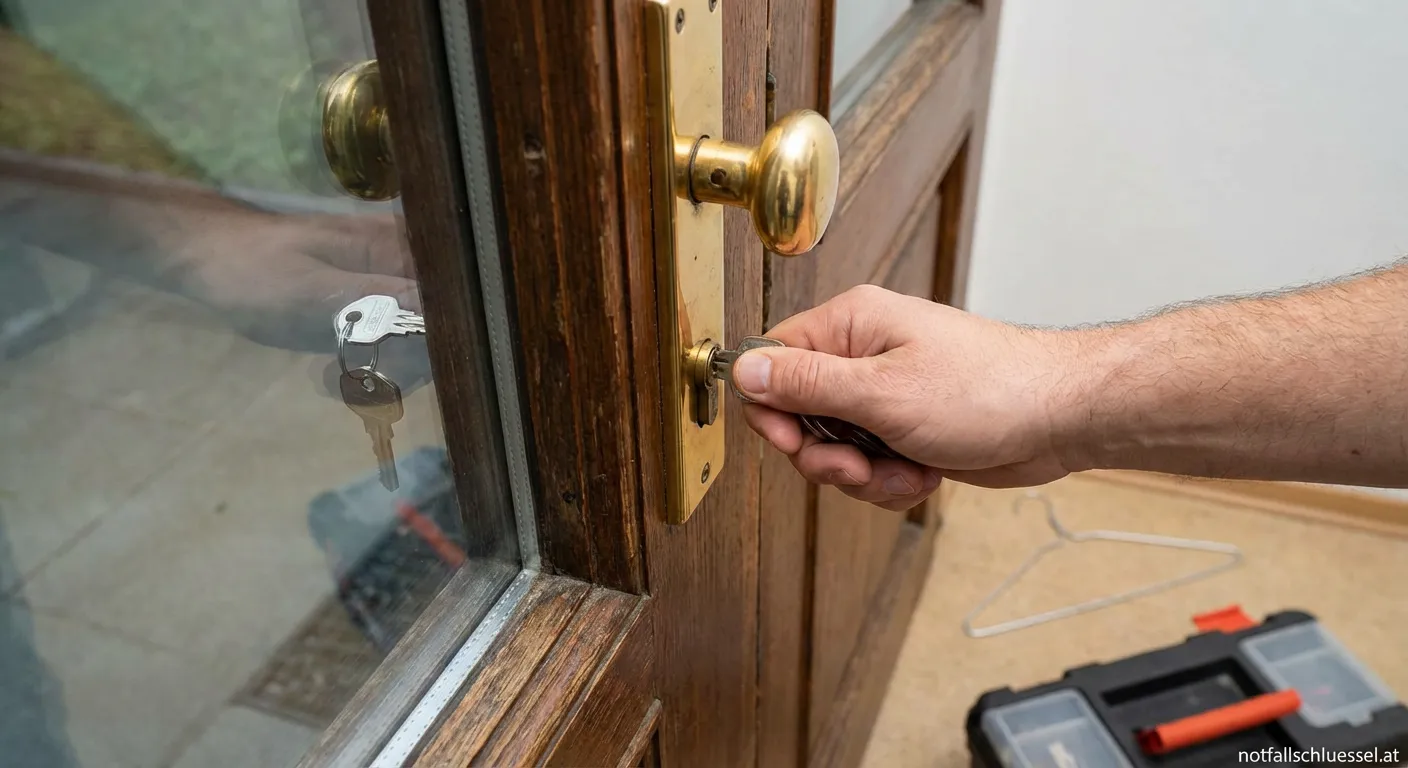 Schlüsseldienst öffnet Schloss mit steckendem Schlüssel von innen