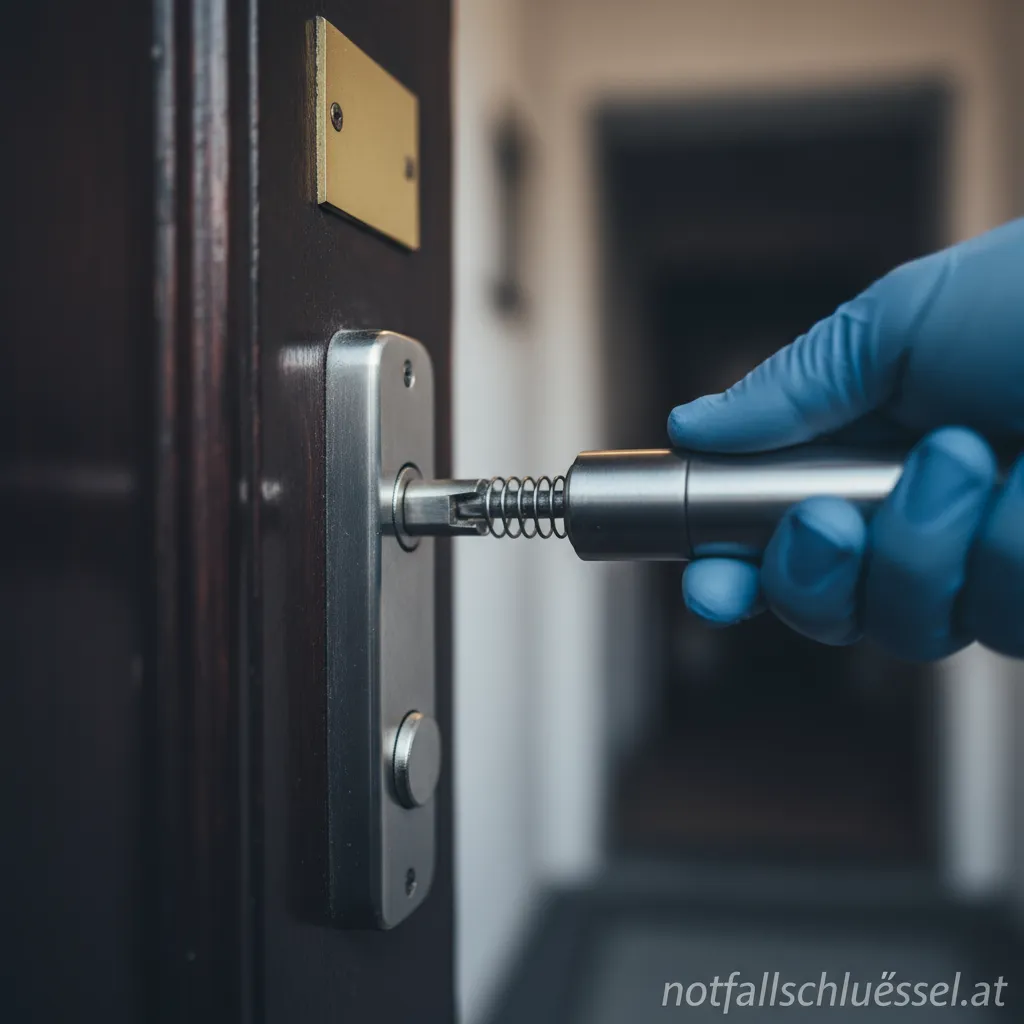 Ein Schlüsseldienst-Mitarbeiter öffnet ein Türschloss mit Spezialwerkzeug