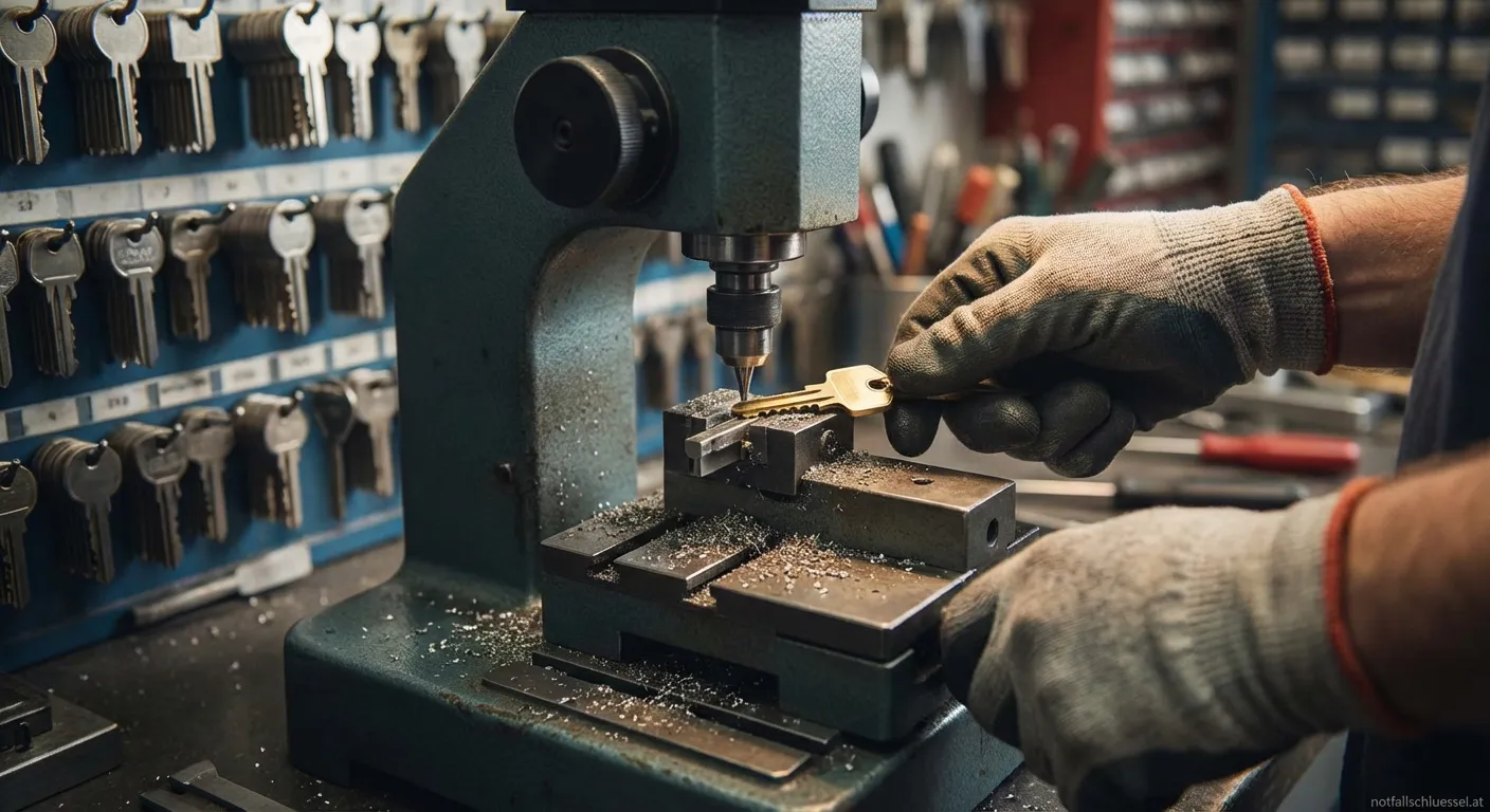 Handwerker fertigt einen neuen Schlüssel auf einer modernen Schlüsselfräsmaschine an