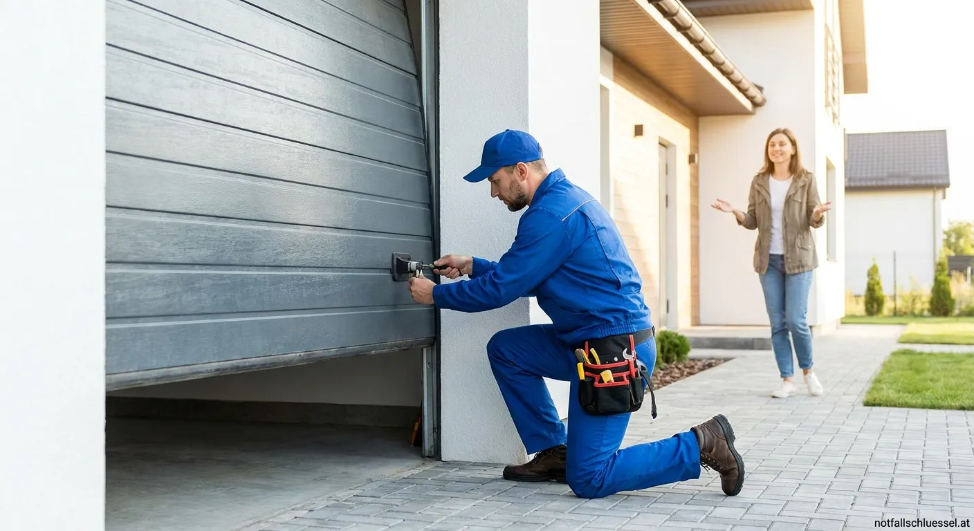 Schlüsseldienst Techniker arbeitet an einem Garagentor Zylinder