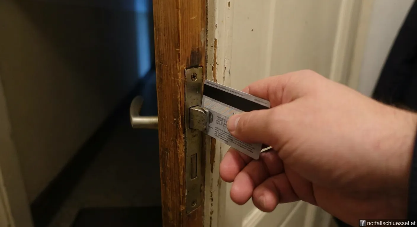 Person versucht eine Tür mit einer Scheckkarte zu öffnen